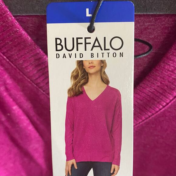BUFFALO DAVID BITTON NWT Cozy Knit Relaxed Fit V Neck Sweater Heather Pink Large - Picture 3 of 4